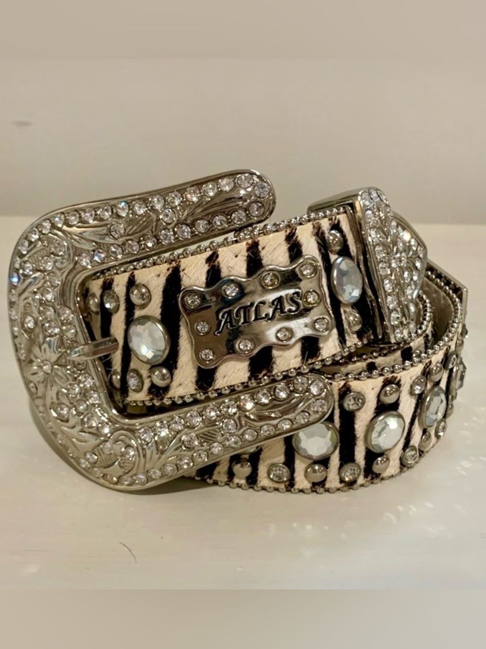 Leather Cowhide Zebra Print Crystal Studded Western Rodeo Belt